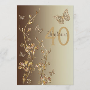 Amber, Brown Flowers & Butterflies 40th Birthday Invitation