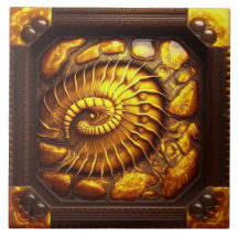 Amber Ceramic Tile with Prehistoric Fossil Design