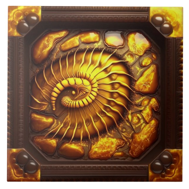 Amber Ceramic Tile with Prehistoric Fossil Design (Front)