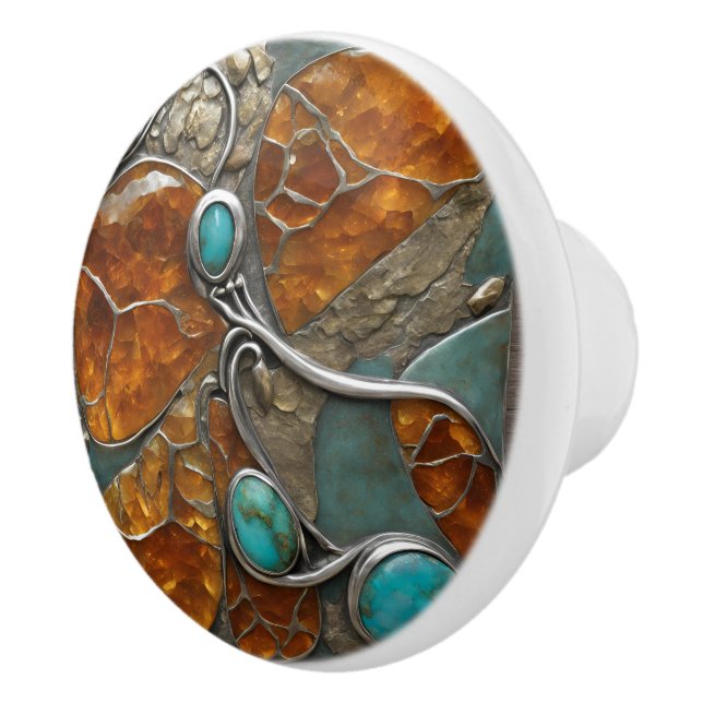 Amber Compass with Turquoise Points & Silver lace Ceramic Knob (Right)