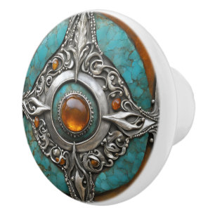 Amber Ember Mandala with Ornate Silver and Turquoi Ceramic Knob