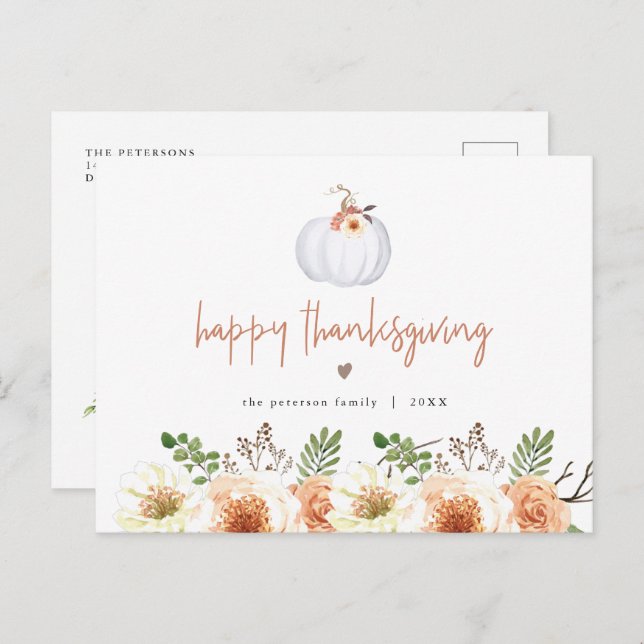 AMBER Fall White Pumpkin and Floral Thanksgiving Postcard (Front/Back)