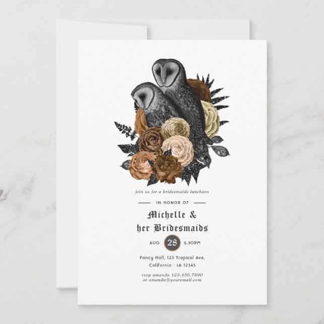 Amber Floral Owls Gothic Bridesmaids Luncheon Invitation (Front)