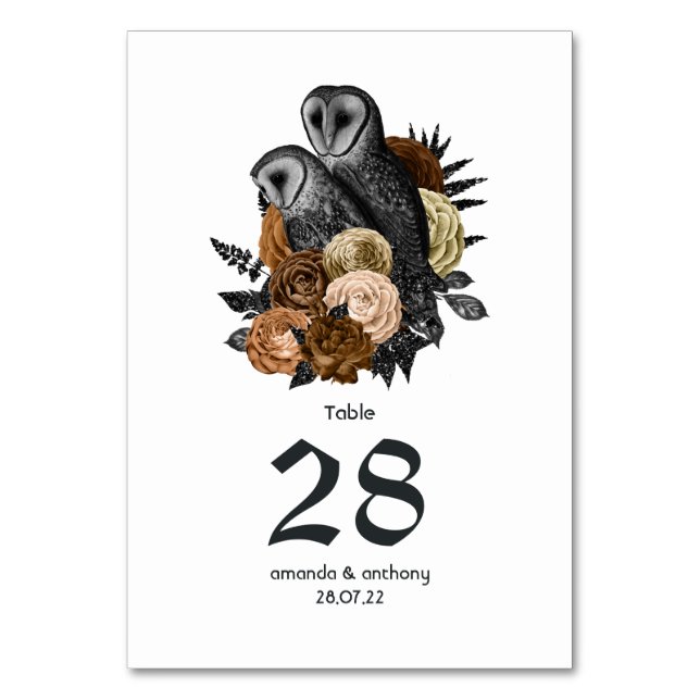 Amber Floral Owls Gothic Wedding Table Number (Front)