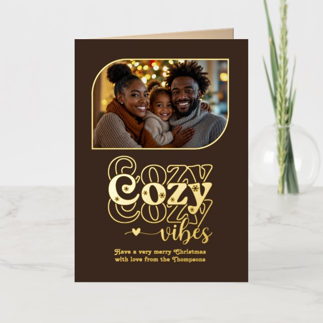 Amber Glow Cosy Vibes Christmas Photo Foil Holiday Card (Front)