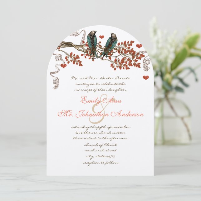 Amber Glow Fall Leaf Love Bird Wedding  Invitation (Standing Front)