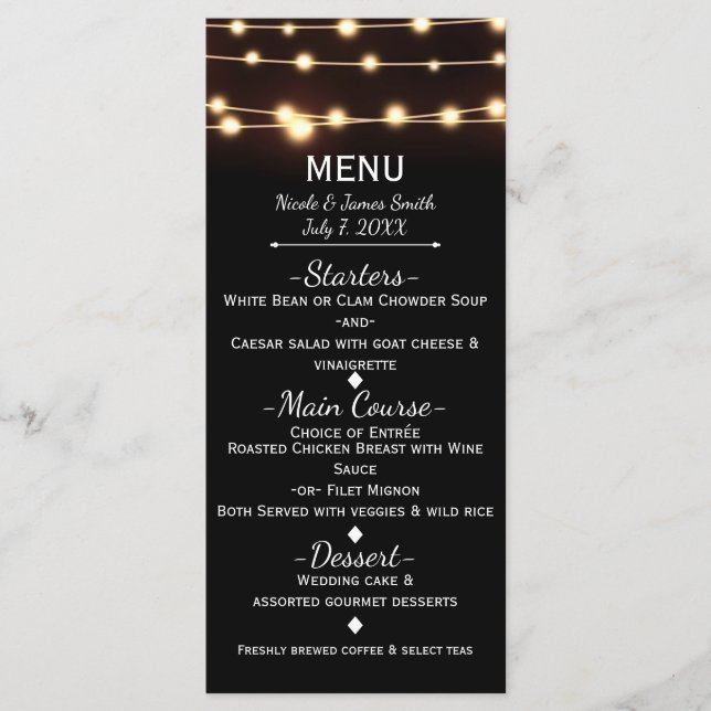 Amber Glow String Lights Elegant Wedding Menu (Front)