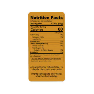 Amber Honey Nutrition Facts Information Label