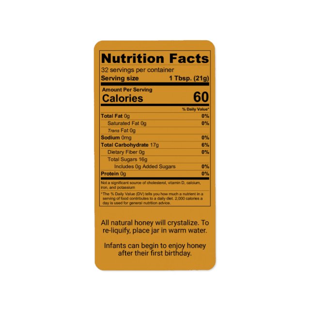 Amber Honey Nutrition Facts Information Label (Front)