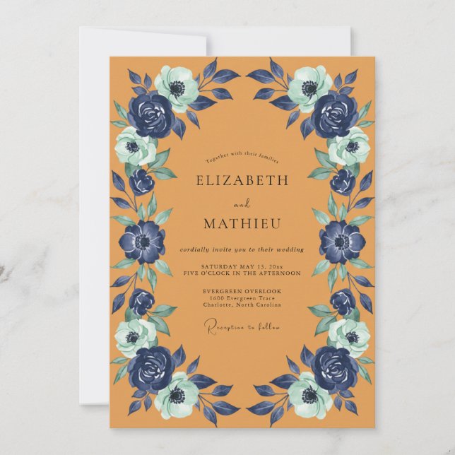 Amber Indigo Peony Wedding Invitation (Front)