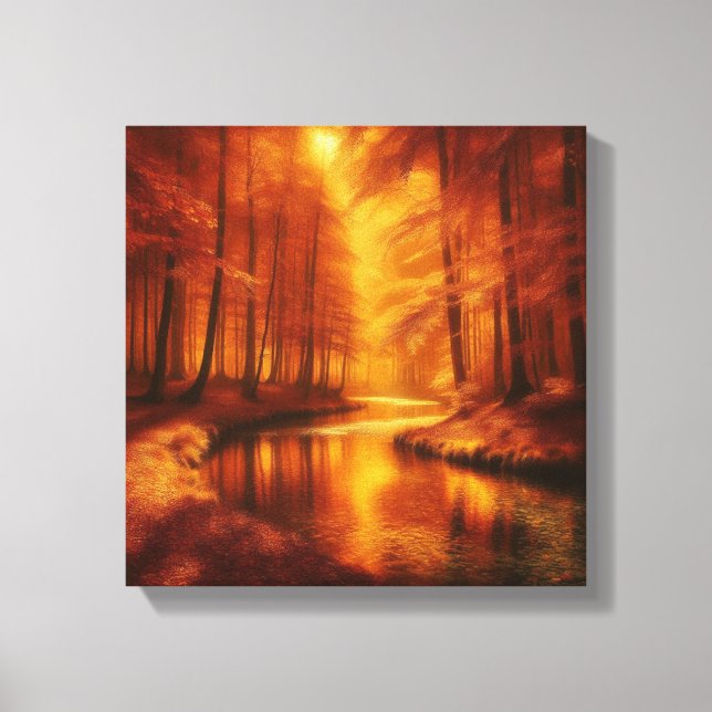 Amber Light Over Serene Autumn Forest River Canvas Print (Front)