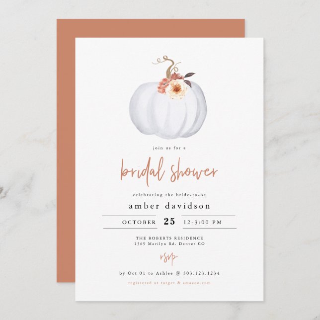 AMBER Modern Rustic White Pumpkin Bridal Shower Invitation (Front/Back)