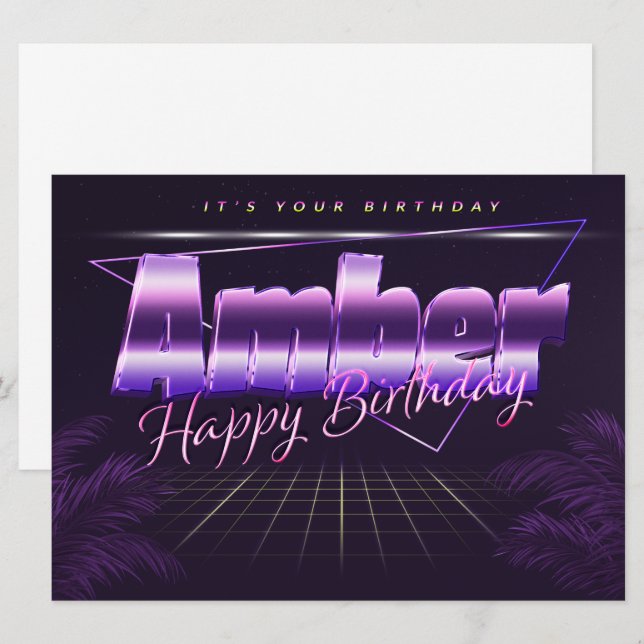 Amber Name First Name Purple Retro Card Birthday (Front/Back)