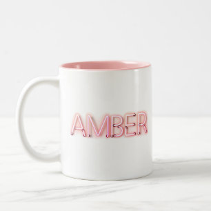 Amber name in glowing neon lights novelty Two-Tone coffee mug