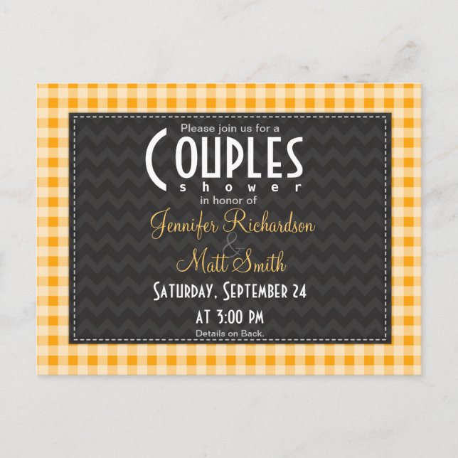 Amber Orange Gingham Couples Shower Invitation Postcard (Front)