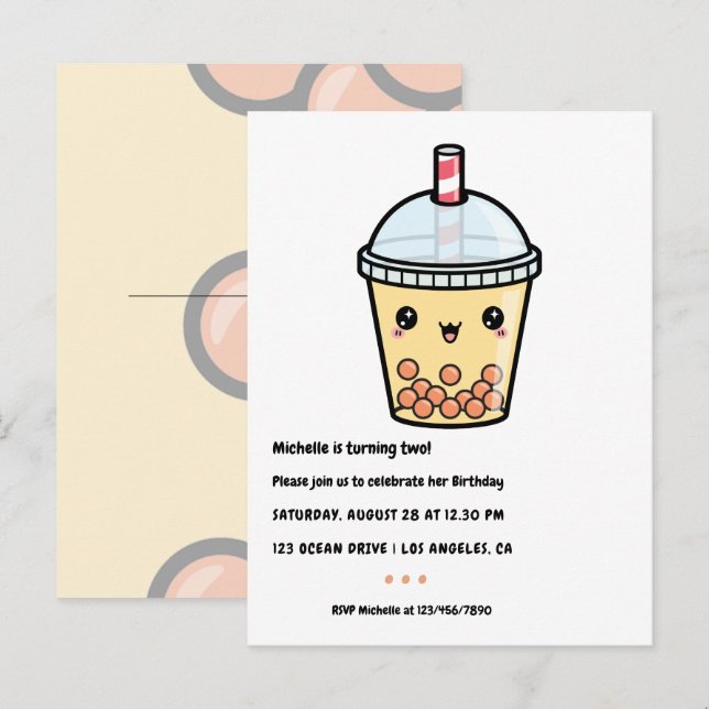 Amber Orange Kawaii Bubble Tea Birthday Party Postcard (Front/Back)
