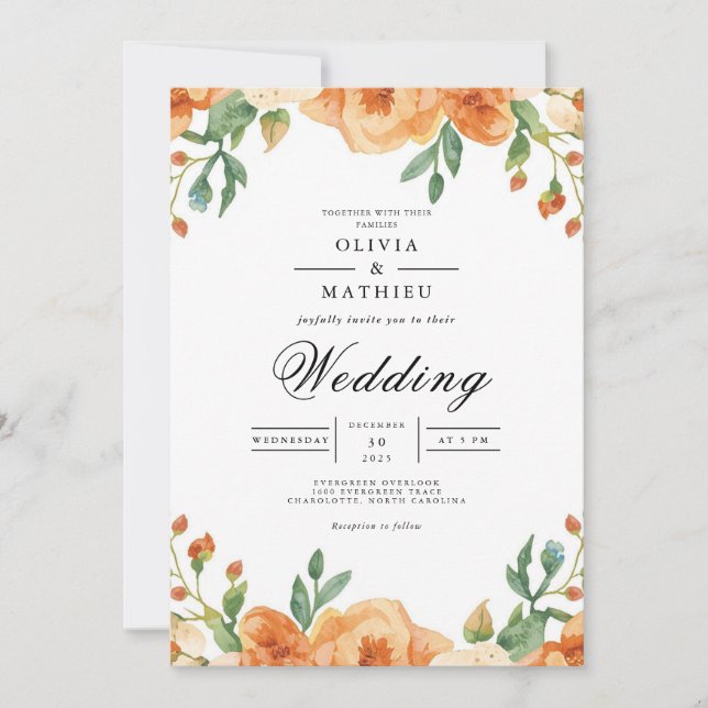 Amber Peach Floral Arch Wedding Invitation (Front)