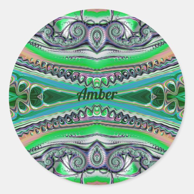 AMBER ~ Pretty Shades Green Blue Pink Fractal ~ Classic Round Sticker (Front)
