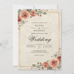 Amber Rose Blossom Border Wedding Invitation