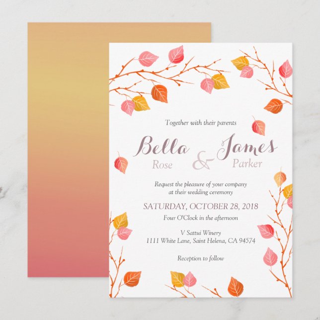 Amber Sky Autumn Leafs Fall Wedding Invitations (Front/Back)