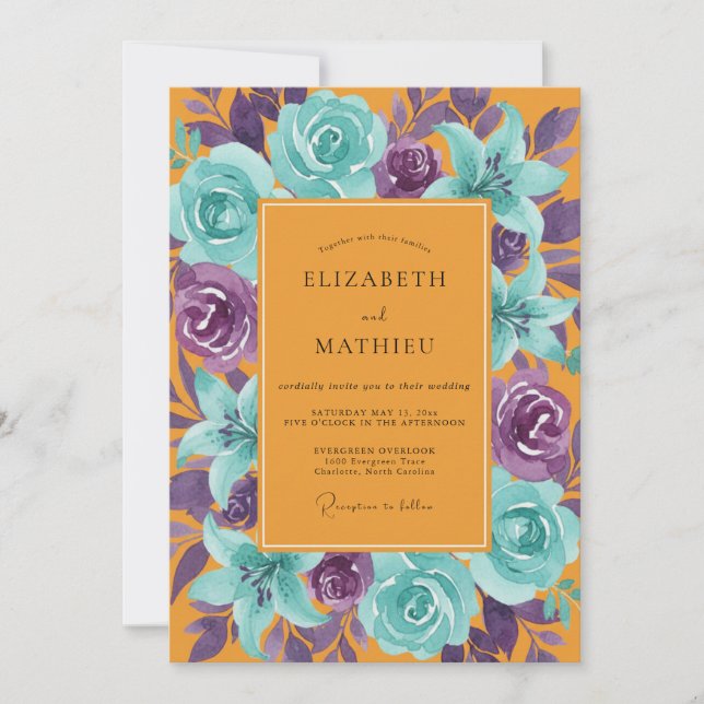 Amber Turquoise Rose Wedding Invitation (Front)