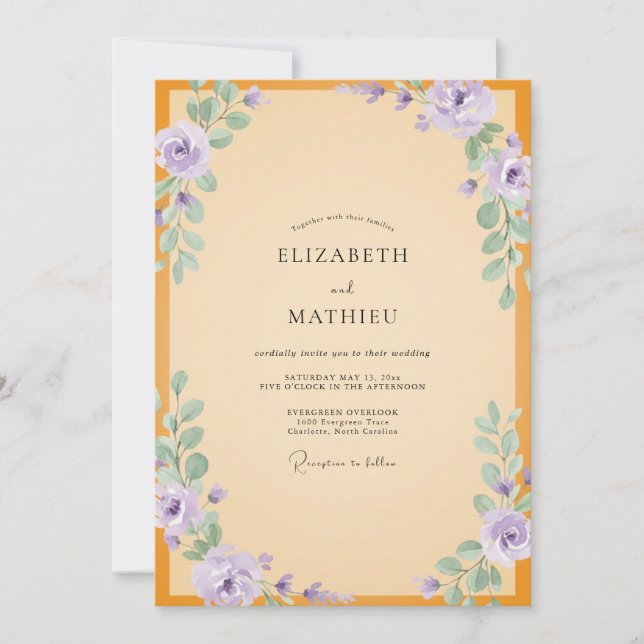 Amber Violet Ranunculus Eucalyptus Wedding Invitation (Front)