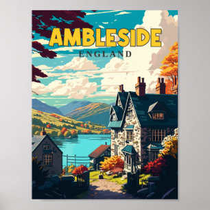 Ambleside England vintage travel illustration Poster