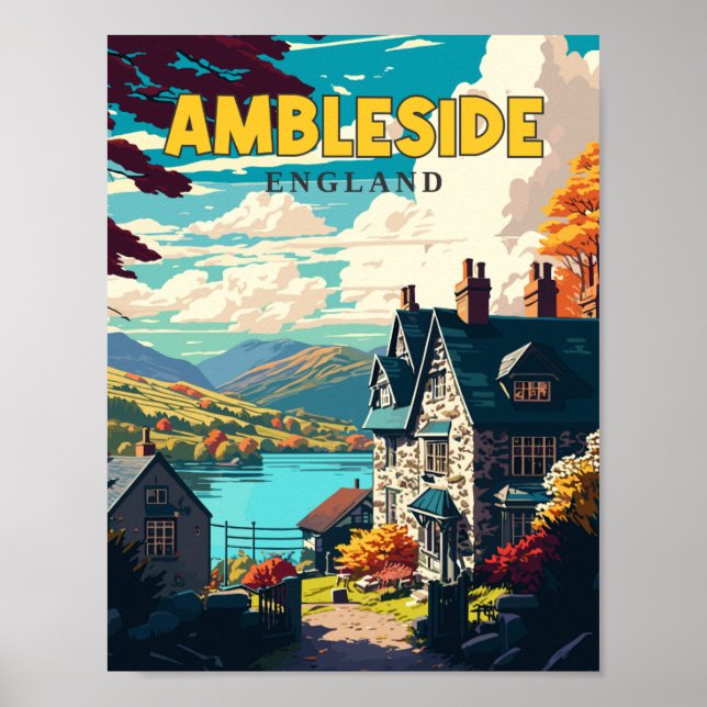 Ambleside England vintage travel illustration Poster (Front)