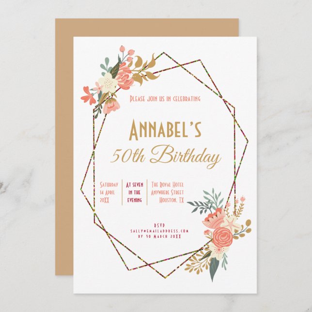 Ambrose Coral Floral Geometric Frame 50th Birthday Invitation (Front/Back)