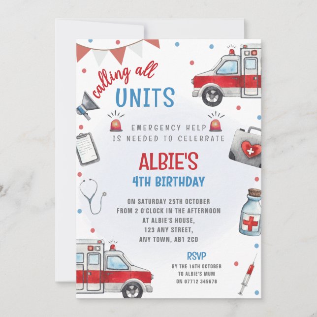 Ambulance Birthday Invite First Responder Medic (Front)