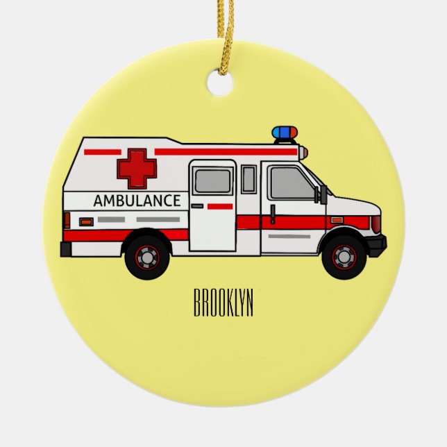 Ambulance cartoon illustration ceramic tree decoration (Front)