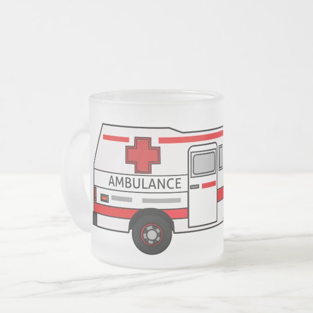 Ambulance cartoon illustration frosted glass coffee mug (Front Left)