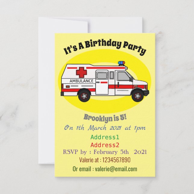 Ambulance cartoon illustration invitation (Front)