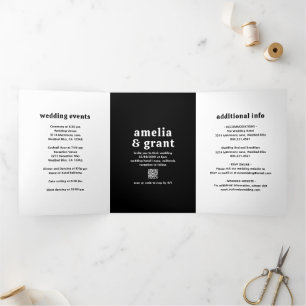 Amelia Black Modern Wedding Tri-Fold Invitation