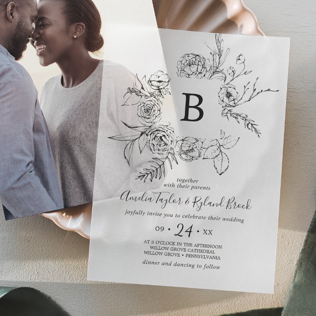 AMELIA Boho Botanical Monogram Floral Wedding Vellum Invitations (AMELIA Boho Botanical Monogram Floral Wedding Vellum Invitations)