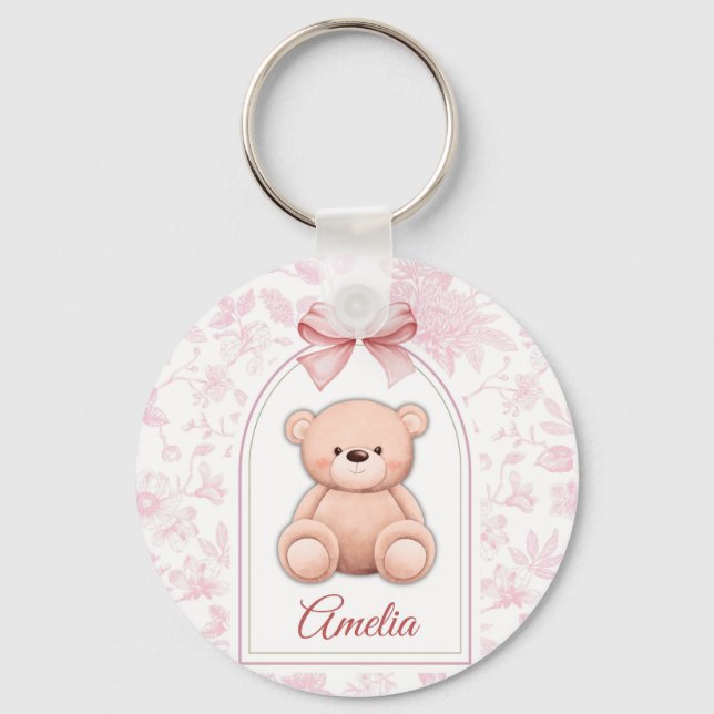 Amelia | Custom Pink Teddy Bear Nursery Design  Key Ring (Front)