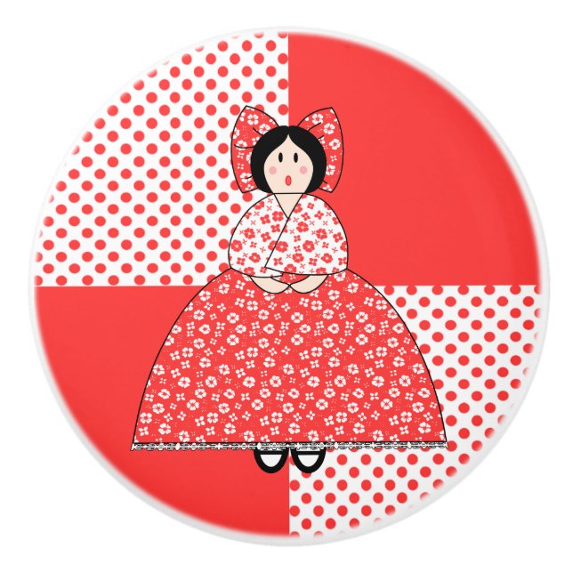 Amelia Doll With Red Polka Dot Background Ceramic Knob (Front)