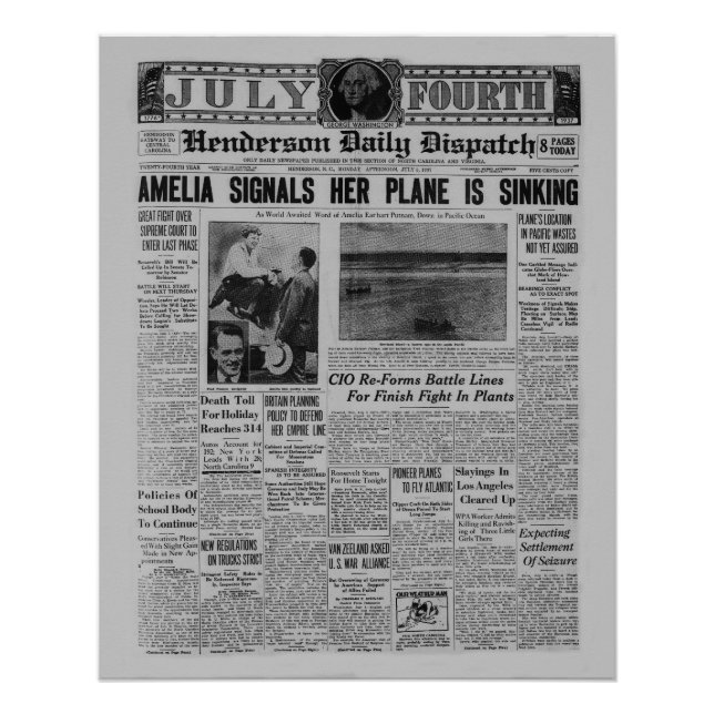 Amelia Earhart Vintage Newspaper Story Poster (Front)