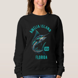 Amelia Island Florida Retro Distressed Style Fish Sweatshirt
