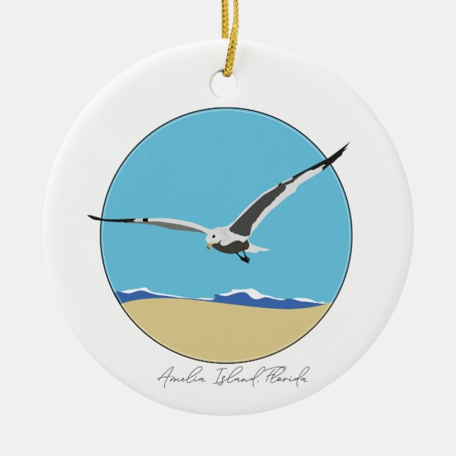 Amelia Island, Florida Sea Gull over Beach  Ceramic Tree Decoration (Front)