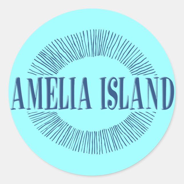 Amelia Island in blue with sun design Classic Round Sticker (Front)