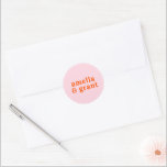 Amelia Orange Pink Modern Wedding Classic Round Sticker<br><div class="desc">Modern style wedding stickers featuring a simple and minimal layout with your names in a groovy retro font. The bright colour scheme is vibrant orange and pink. The fonts / colours may be changed in the design editing tool. These wedding stickers are great as envelope seals or for customising your...</div>