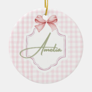 Amelia Personalized Pink Bow & Gingham Print Ceramic Tree Decoration