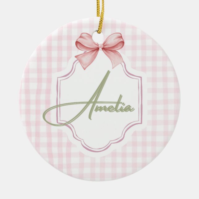 Amelia Personalized Pink Bow & Gingham Print  Ceramic Tree Decoration (Front)