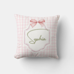 Amelia Personalized Pink Bow & Gingham Print  Cushion