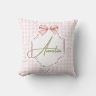 Amelia Personalized Pink Bow & Gingham Print  Cushion