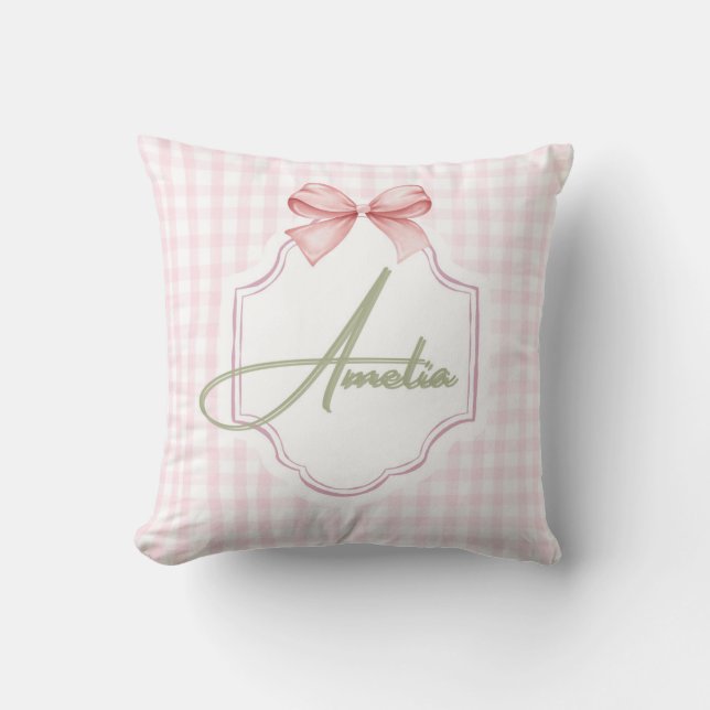 Amelia Personalized Pink Bow & Gingham Print  Cushion (Front)