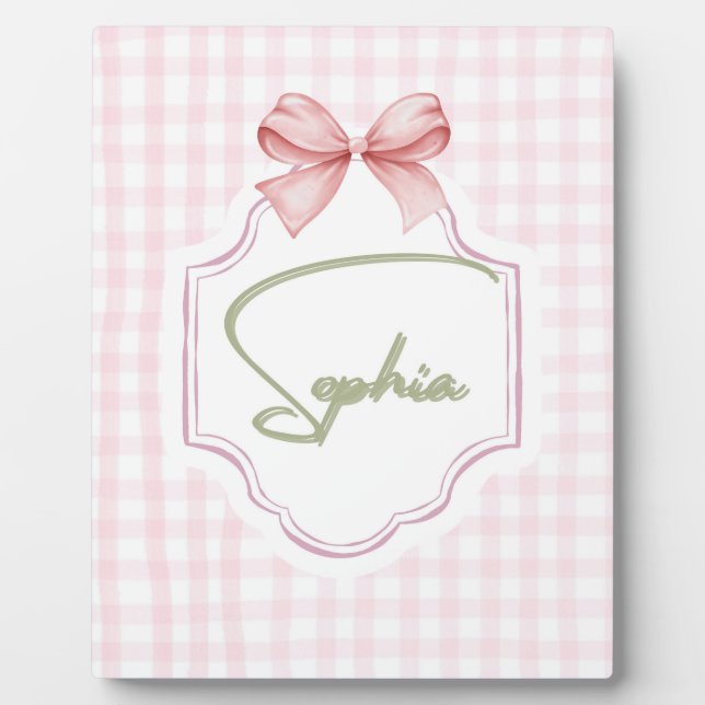 Amelia Personalized Pink Bow & Gingham Print  Plaque (Front)