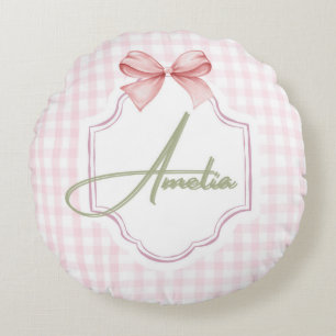 Amelia Personalized Pink Bow & Gingham Print  Round Cushion