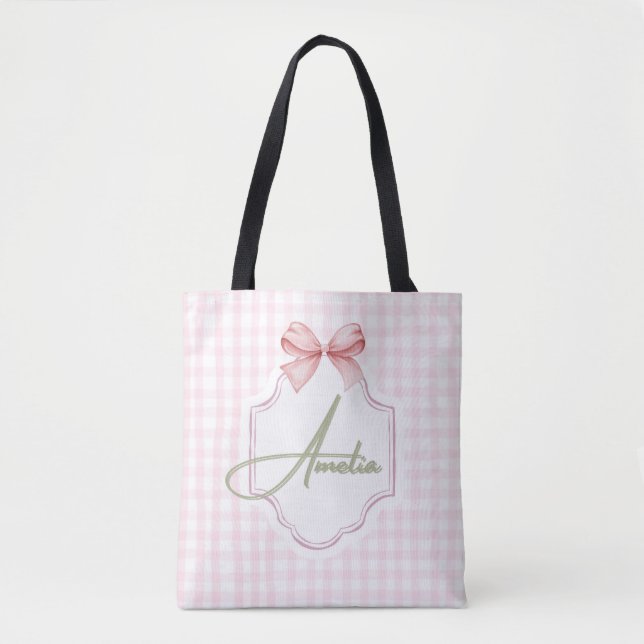 Amelia Personalized Pink Bow & Gingham Print  Tote Bag (Front)